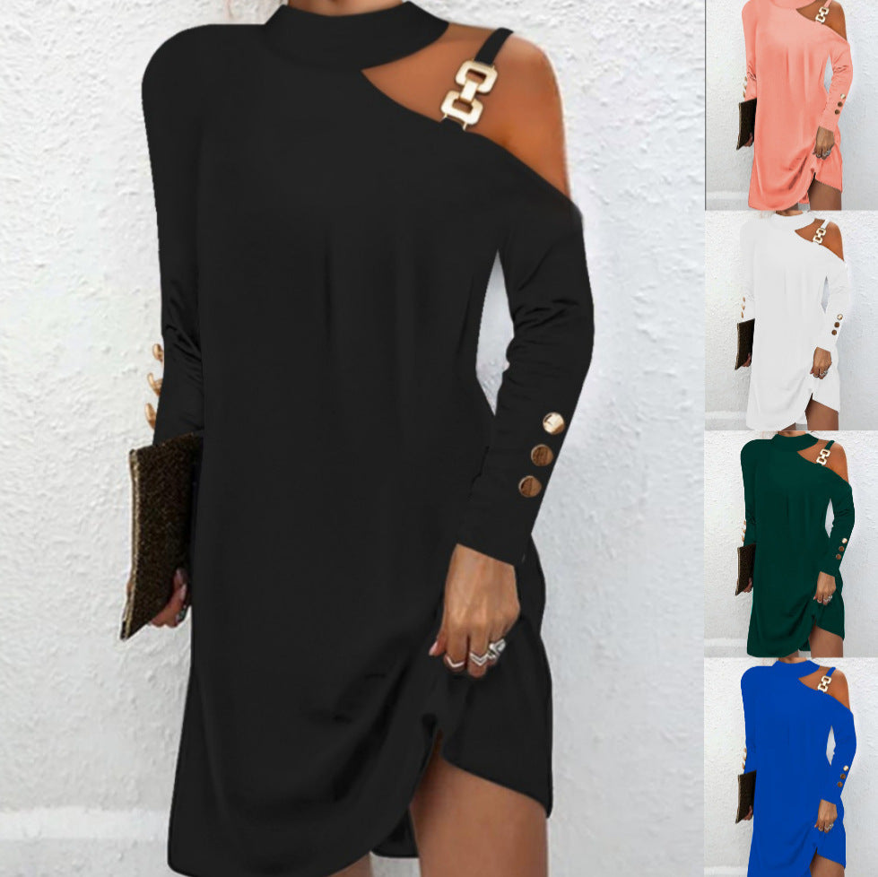 Luvéra Mode Frauen Solide Casual Kleid Weibliche Elegante Langarm Metall Schnalle Neckholder Casual Mini Kleid