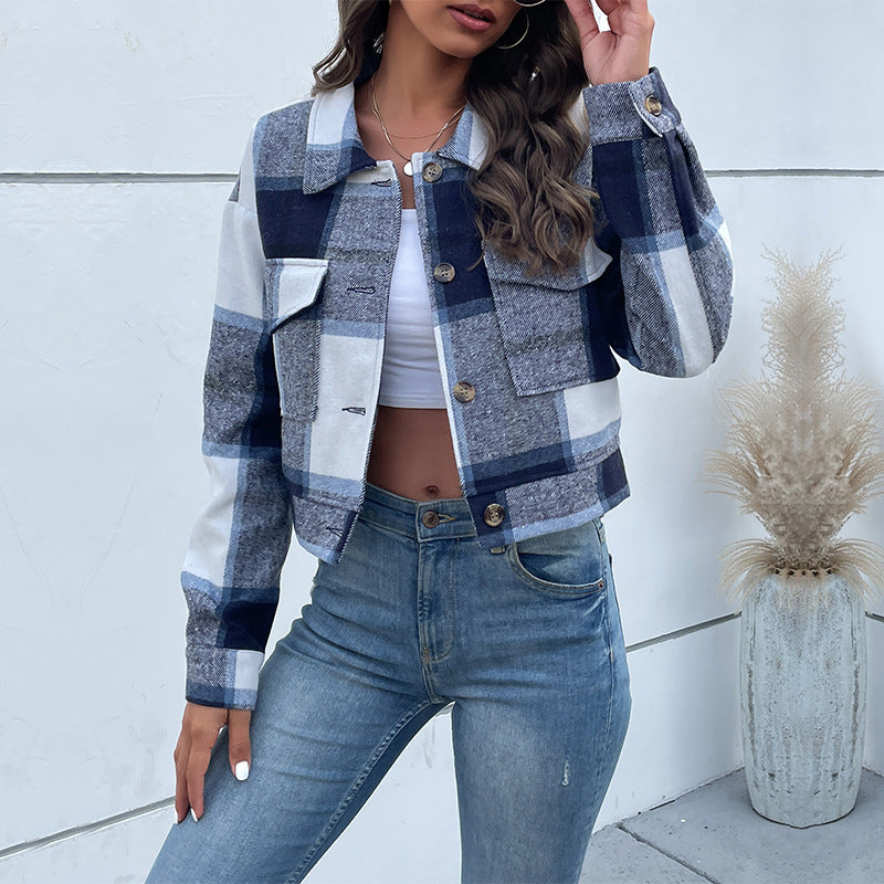 Luvéra Plaid Revers Cropped Jacke Mit Taschen Mode Knopf Langarm Kurze Outwear Tops Mantel Für Frauen Kleidung