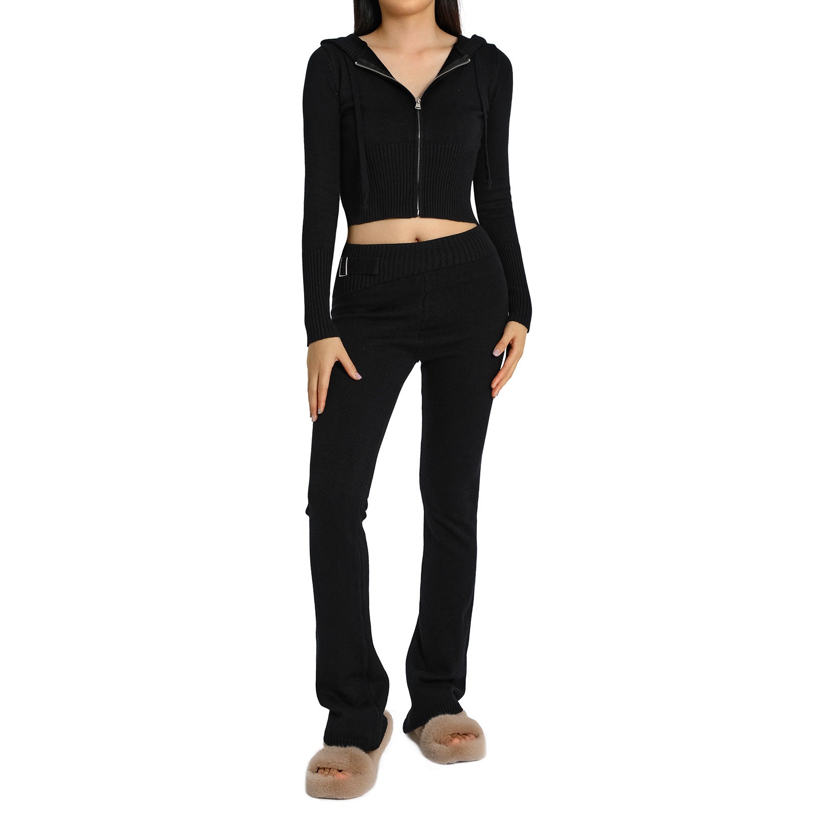 Luvéra Gestrickte Kapuzenanzüge Damen Langarm Strickjacke Und Hohe Taille Hosen Kleidung