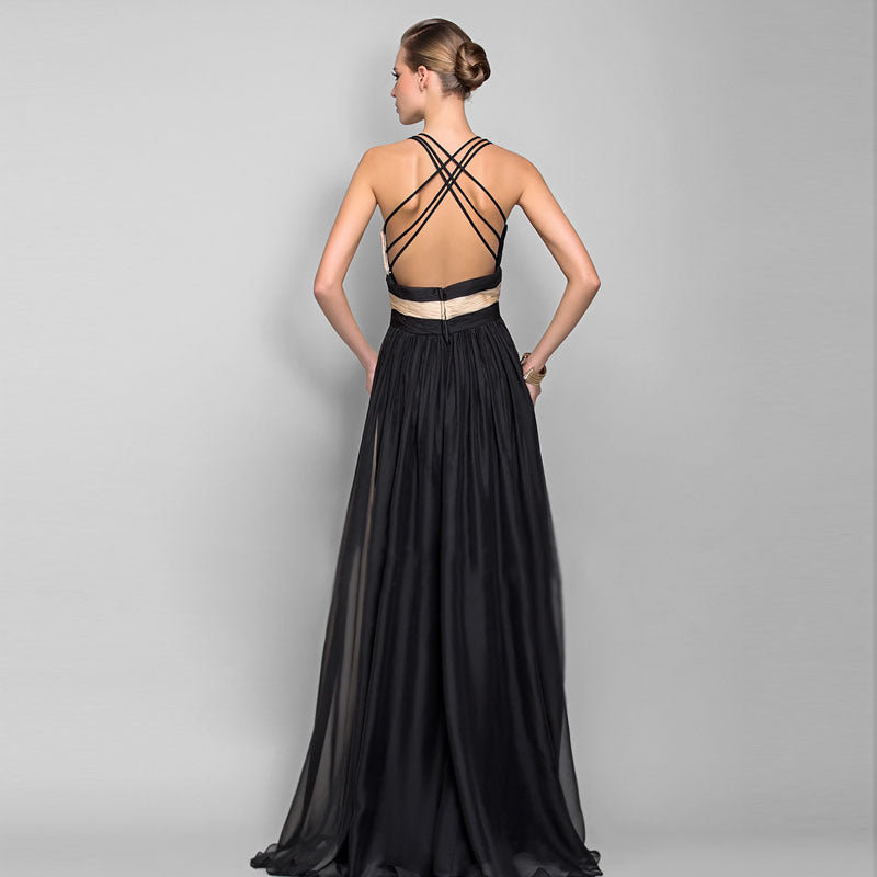 Luvéra Mode V-Ausschnitt rückenfrei Farbe Kleid Rock langes Kleid