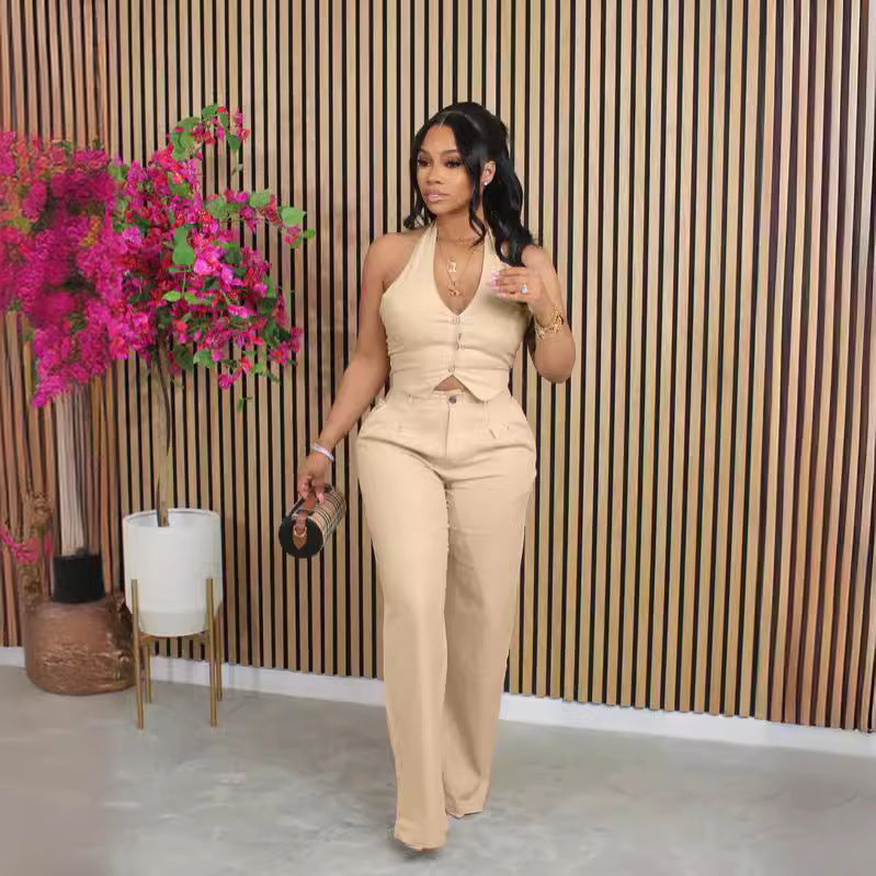 Luvéra Einfarbig V-Ausschnitt Neckholder Blazer Weste Und Hose Set