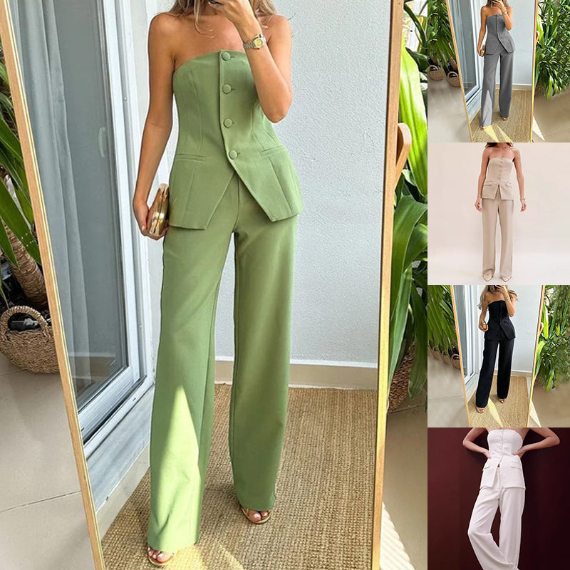 Luvéra Graceful Tube Top Anzug Mode Knopf Ärmellose Top Und Gerade Hosen Frauen Hosen Set