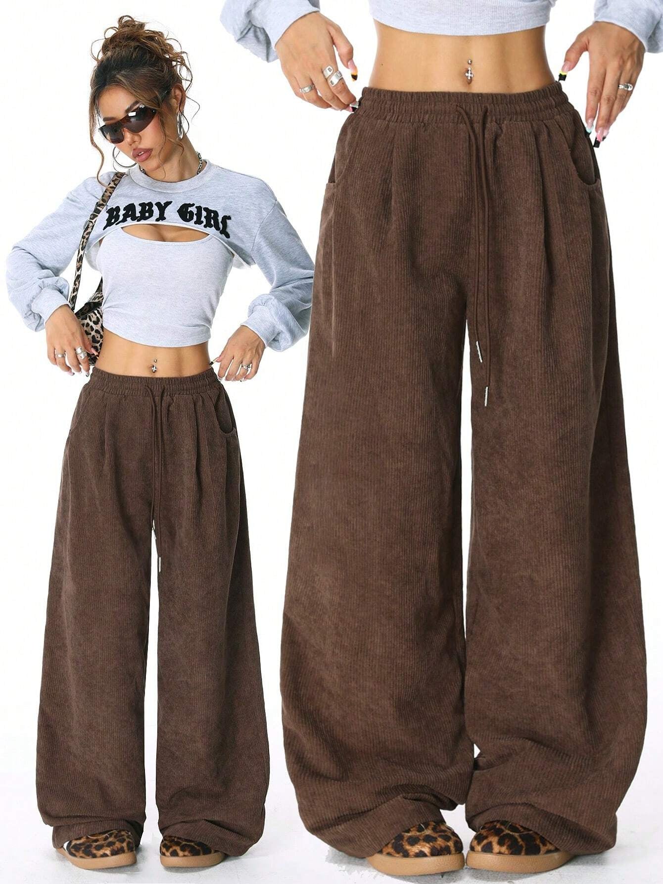 Luvéra Idle Style High Waist Casual Draping-Effekt Kordelzug Breites Bein Hosen