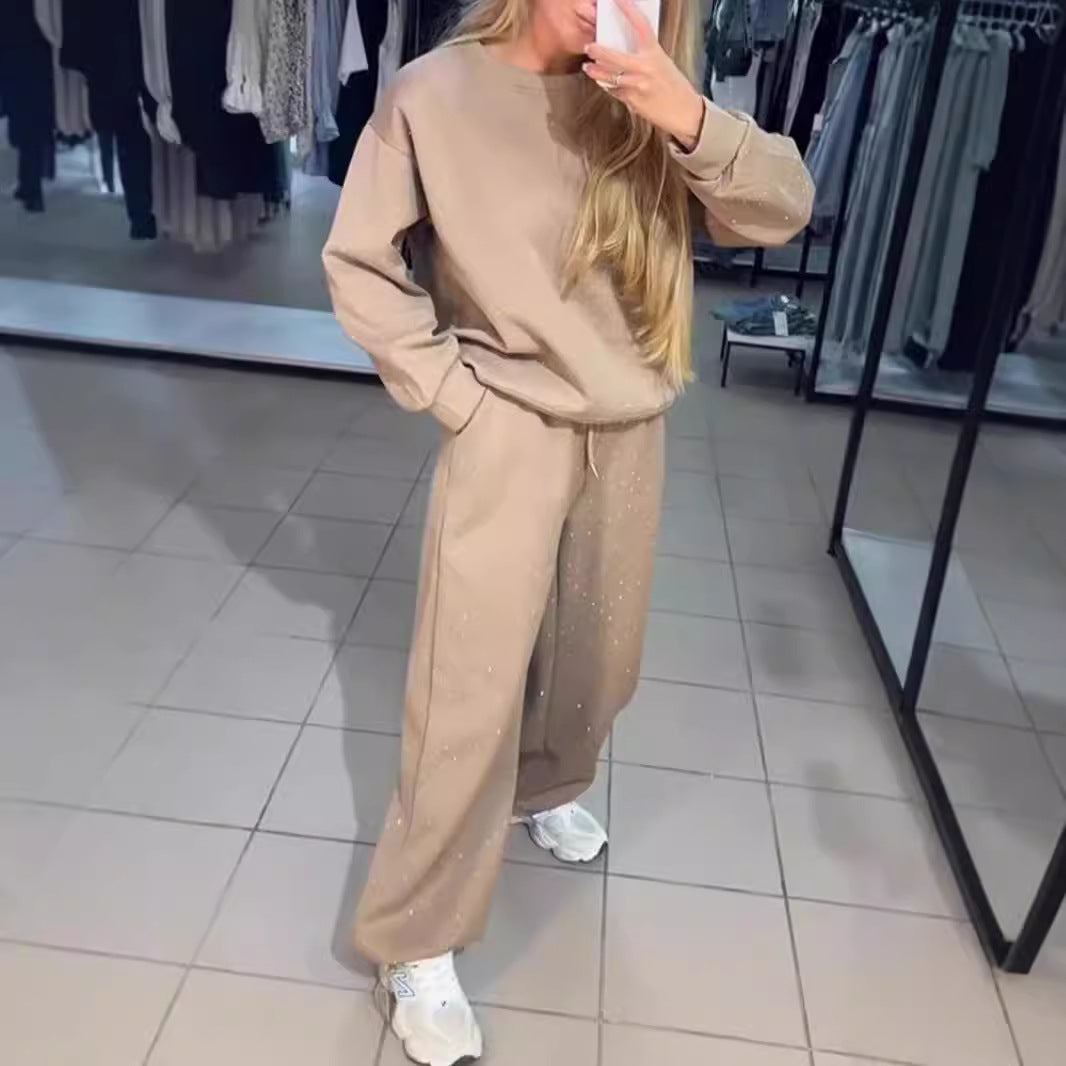 Luvéra Damen Casual Rundhals Drilling Kordelzug Knöchelgebunden Zweiteiler Anzug