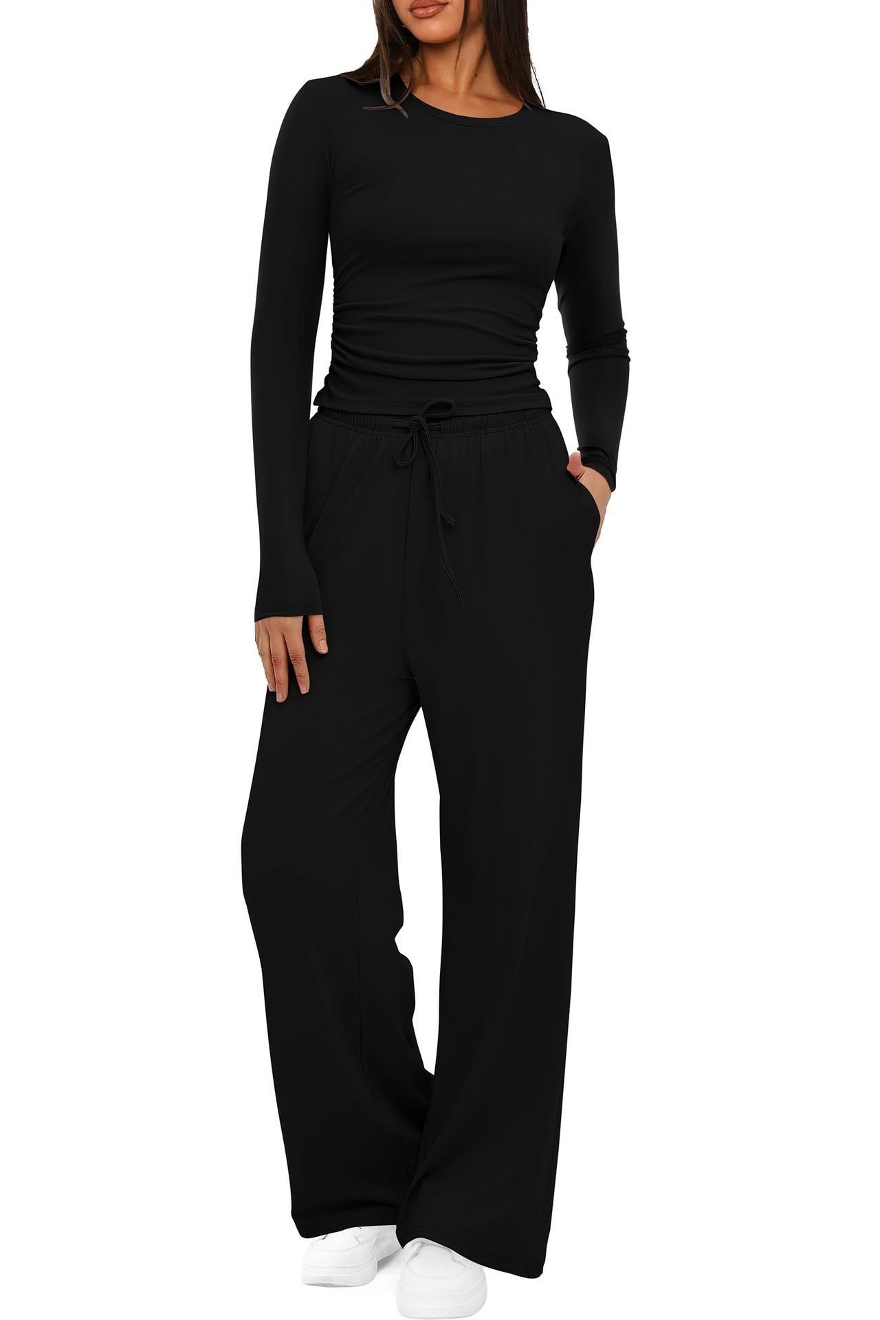 Luvéra 2 Stück frauen Anzug Herbst Winter Langarm Tops Hohe Taille Breite Bein Hosen Sportswear Weibliche Kleidung Einfarbig Casual Anzug