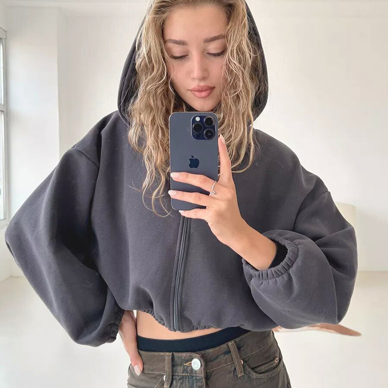 Luvéra Casual Einfarbig Mit Kapuze Kurze Jacke Y2K Mode Sport Sweatshirt Langarm Zip Up Strickjacke Hoodies frauen Kleidung