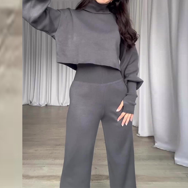 Luvéra Modischer Anzug Grauer Rollkragen-Top mit langen Ärmeln und hoch taillierte Hose