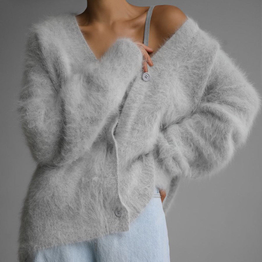 Luvéra Lose V-Ausschnitt Knopf Strickjacke Herbst Winter Mode Einreihig Gestrickt Pullover Top Damen Kleidung
