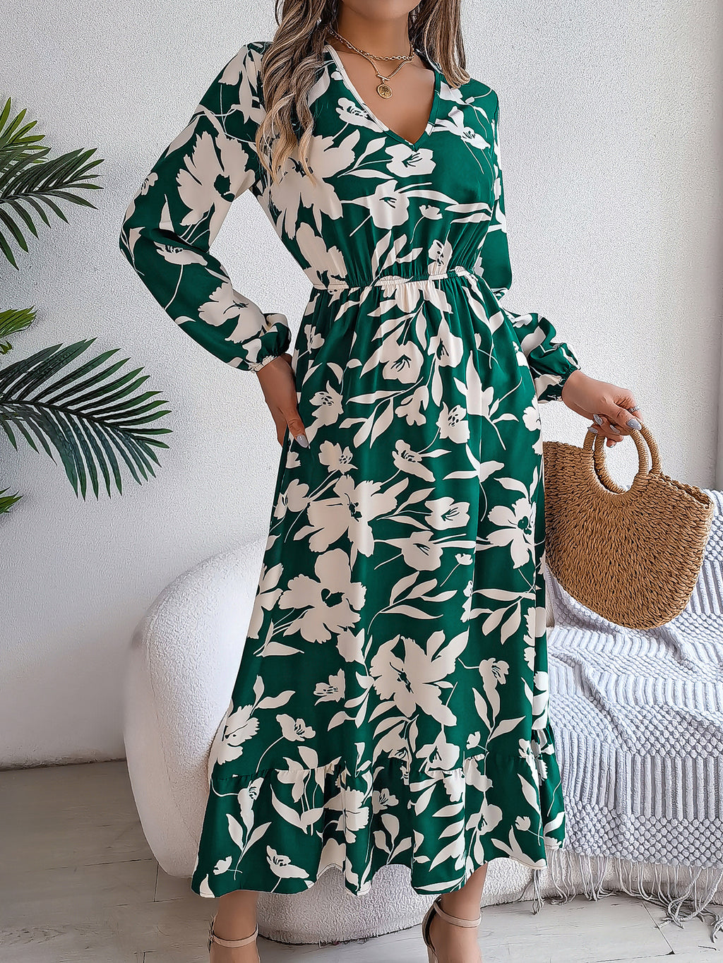 Luvéra Damen Freizeit Blumendruck Krawatte Taille Langarm Rüschen Kleid