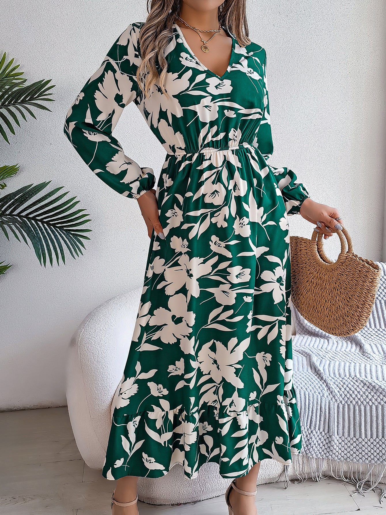 Luvéra Damen Freizeit Blumendruck Krawatte Taille Langarm Rüschen Kleid