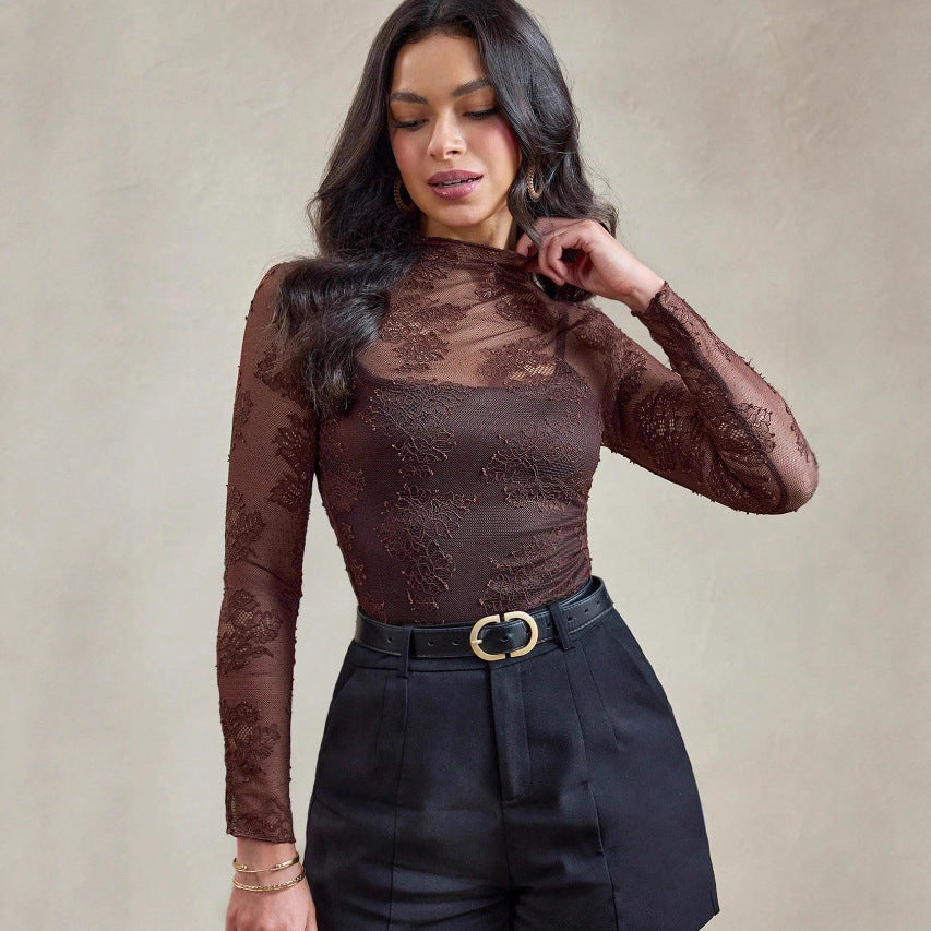 Luvéra Damen Spitzen-Basis-Oberteil, eng angestes, langarmiges Mesh-Oberteil