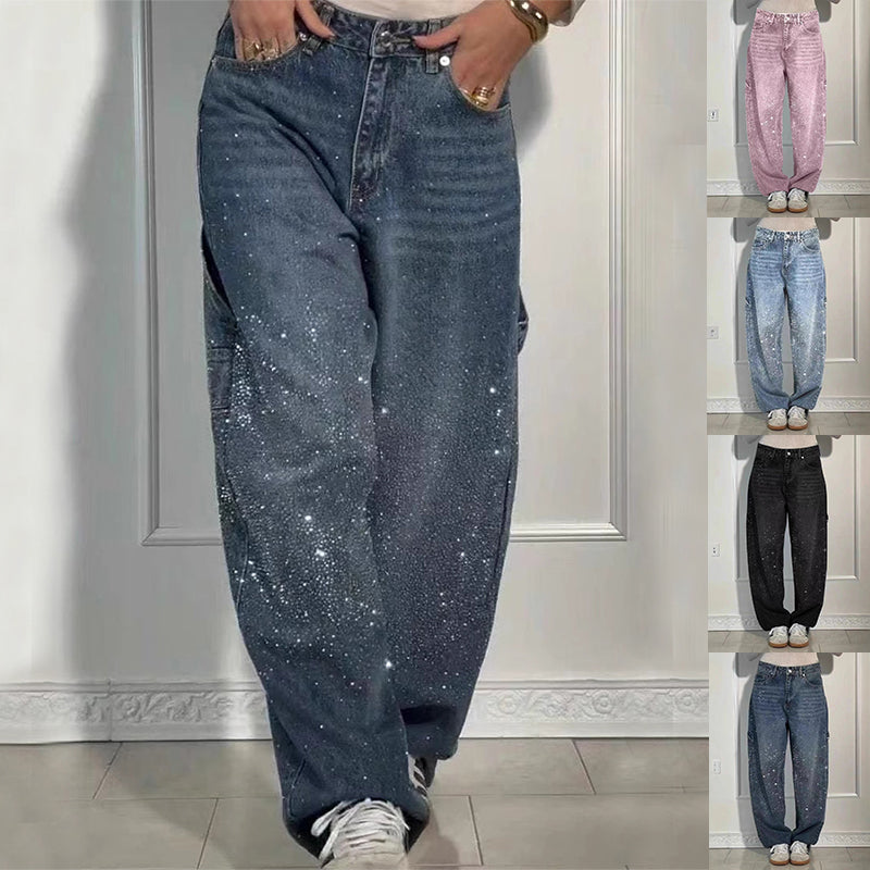 Luvéra Ins Glänzende Gerade Jeans Mit Taschen Mode Lose Weitbein Hosen Für Frauen Street-style Hosen