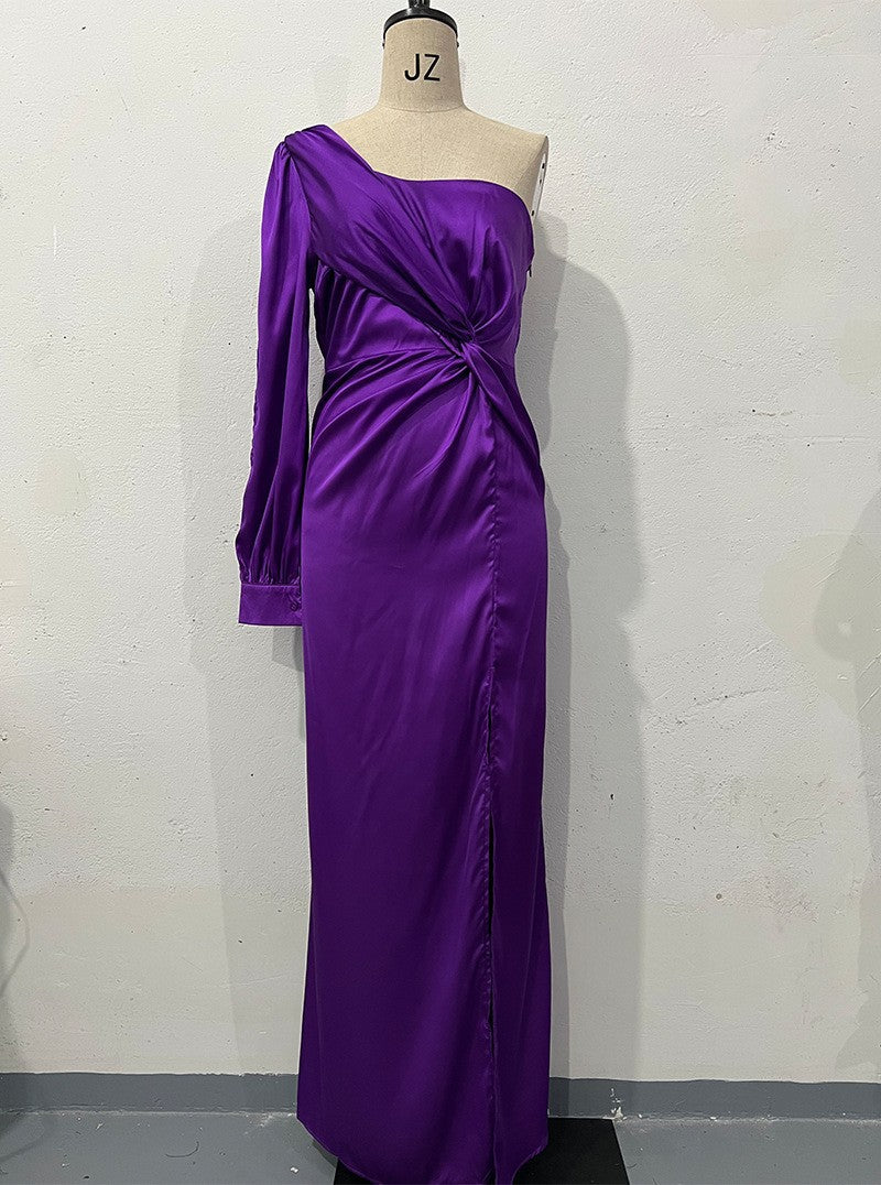 Luvéra Frauen Ein-Schulter Split Kleid Ins Mode Langarm Schlank Lange Kleider Party Abend Kleidung