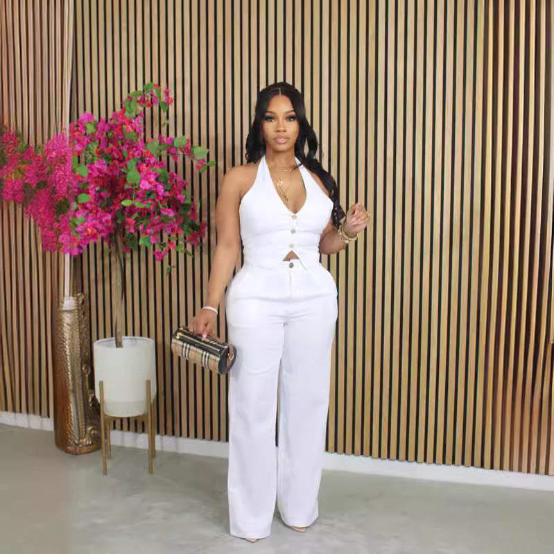 Luvéra Einfarbig V-Ausschnitt Neckholder Blazer Weste Und Hose Set