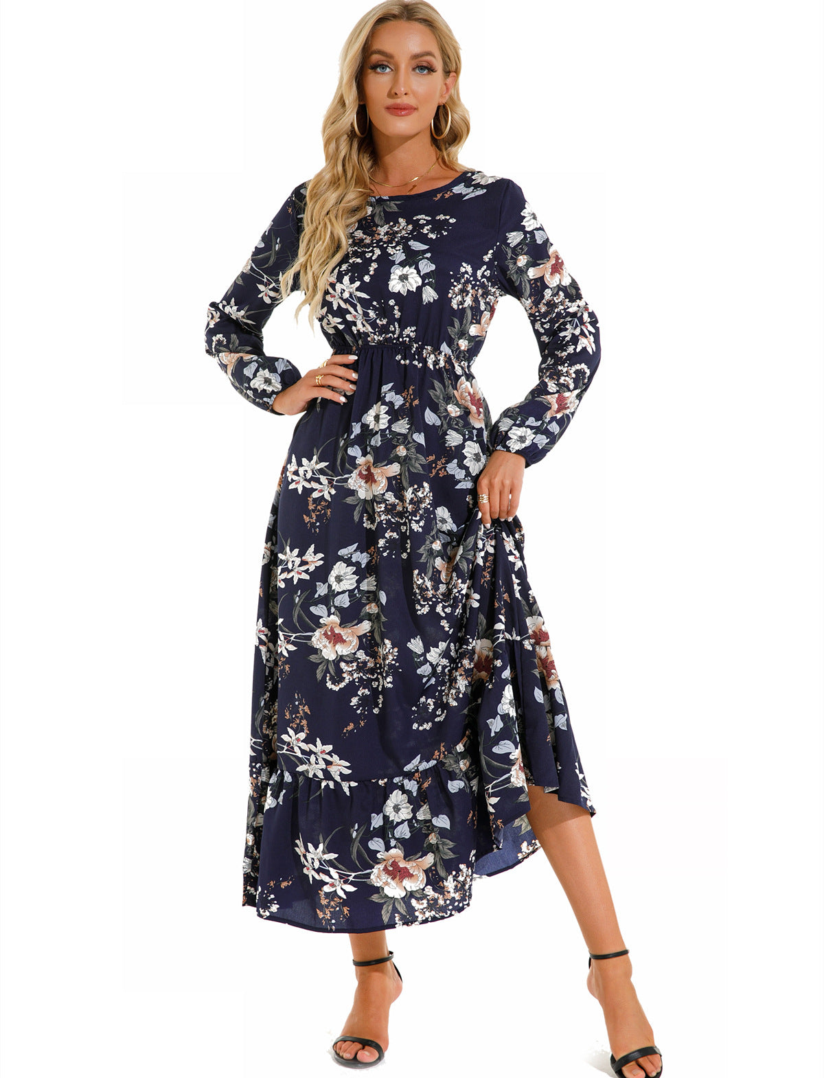 Luvéra Damen vielseitiges Blumen-Chiffon-Kleid mit Rundhalsausschnitt