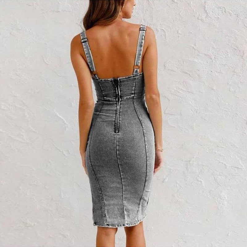 Luvéra Neue U-Ausschnitt Hosenträger Denim Kleid Sommer Casual Enge Slim Fit Kleider Mit Schlitz Design Damen Kleidung