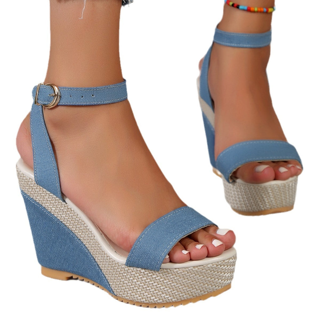 Luvéra High Heel Denim Stoff Knöchelriemen Sandalen Frauen