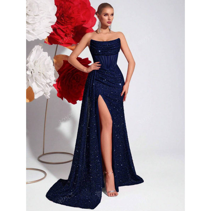 Luvéra Damen schulterfreies ausgehöhltes Fischgräten-Plisseekleid