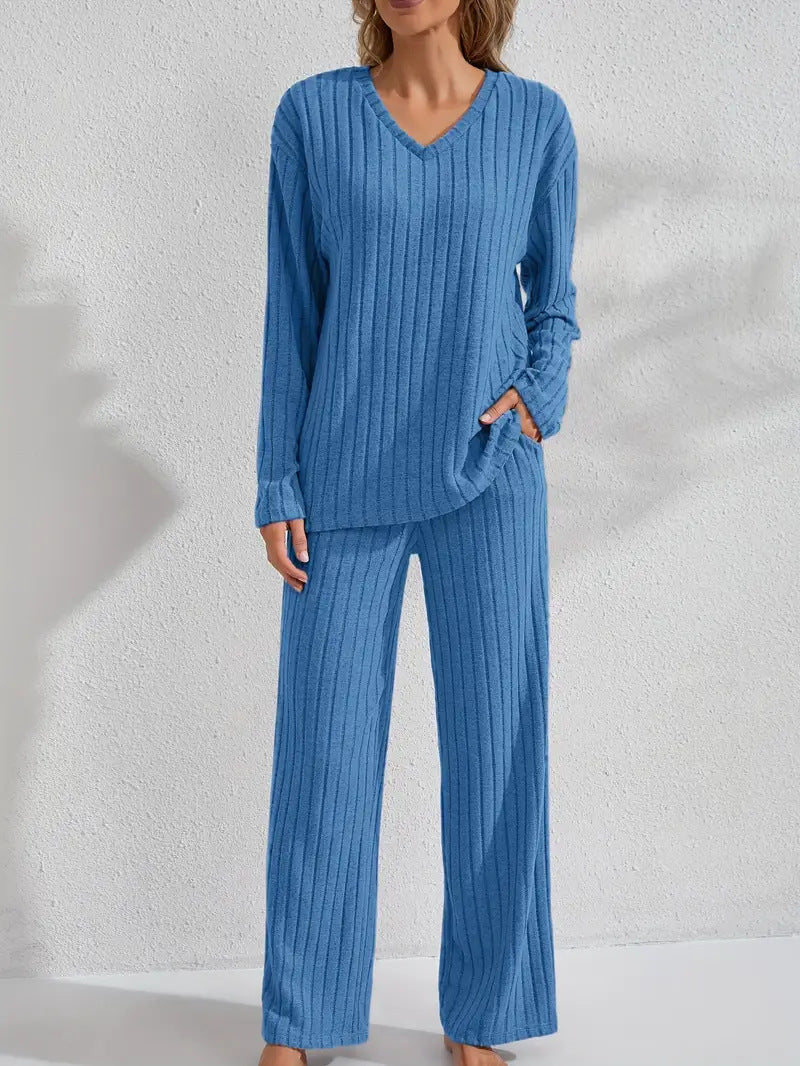 Luvéra Geripptes Langarm-Top und Hose Casual Comfortable Womens Loungewear Set