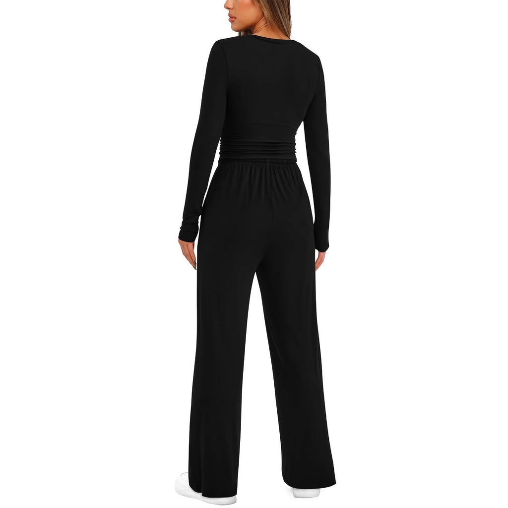 Luvéra 2 Stück frauen Anzug Herbst Winter Langarm Tops Hohe Taille Breite Bein Hosen Sportswear Weibliche Kleidung Einfarbig Casual Anzug