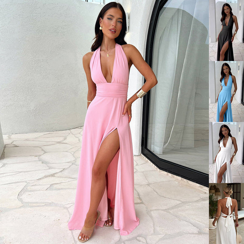 Luvéra Neckholder V-ausschnitt Schlitz Kleid Sommer Backless Riemchen Rock Mode Temperament Kleidung Frauen