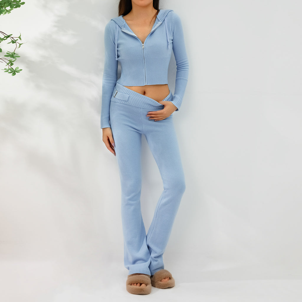 Luvéra Gestrickte Kapuzenanzüge Damen Langarm Strickjacke Und Hohe Taille Hosen Kleidung