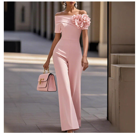 Luvéra Schulterfreier Damen Jumpsuit mit 3D-Blumen - Elegantes Wide-Leg Overall