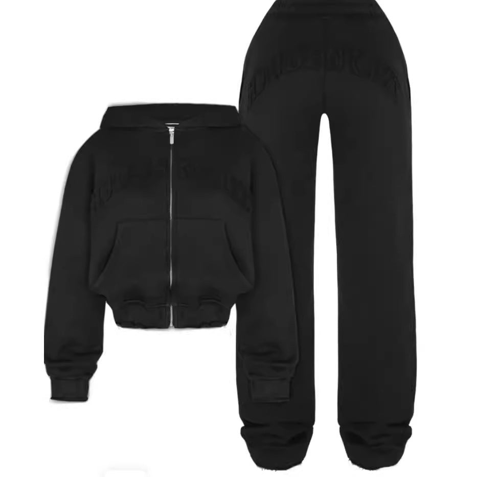 Luvéra Sport Anzug Zip-up Hooded Cropped Sweatshirt Top Und Lose Kordelzug Hosen Mode Frauen Kleidung