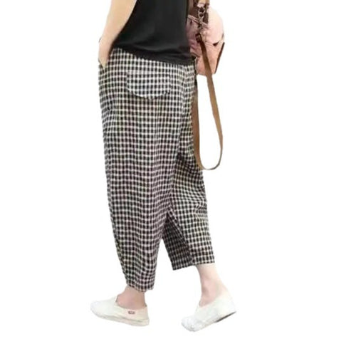 Luvéra Baumwolle Und Leinen Hohe Taille Harem Knöchel-Länge Baggy Hosen Künstlerische Plaid Lose Baggy Hosen Frauen