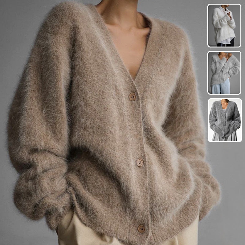 Luvéra Lose V-Ausschnitt Knopf Strickjacke Herbst Winter Mode Einreihig Gestrickt Pullover Top Damen Kleidung