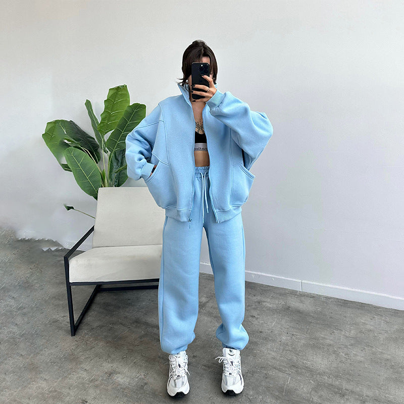 Luvéra Sportanzüge mit Taschen Stehkragen Reißverschluss Strickjacke und Kordelzug Hose Mode Jogger Set Outfits Trainingsanzüge Damenbekleidung