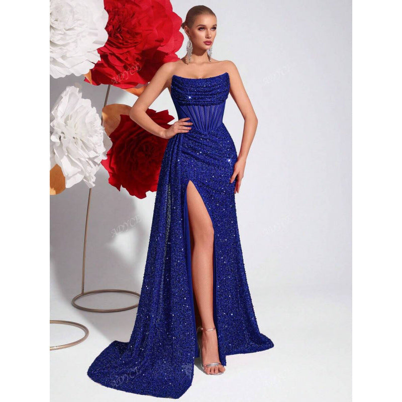Luvéra Damen schulterfreies ausgehöhltes Fischgräten-Plisseekleid