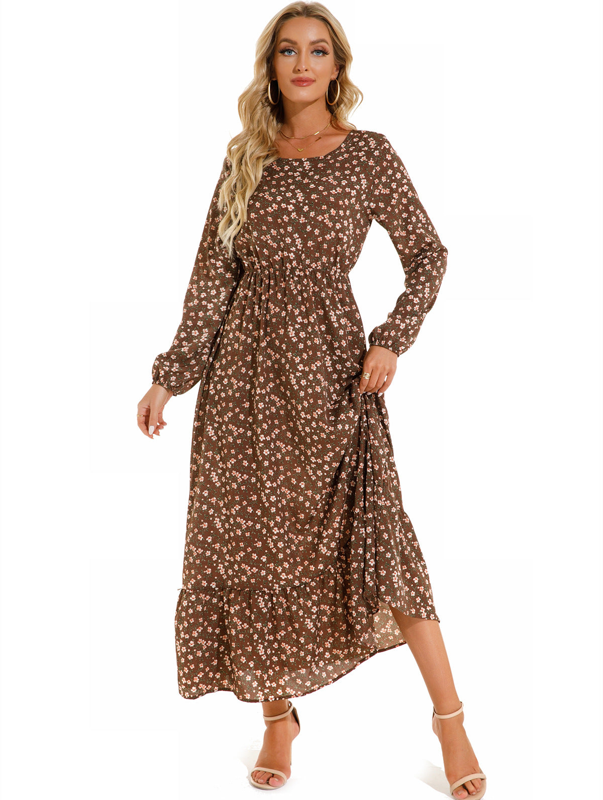 Luvéra Damen vielseitiges Blumen-Chiffon-Kleid mit Rundhalsausschnitt