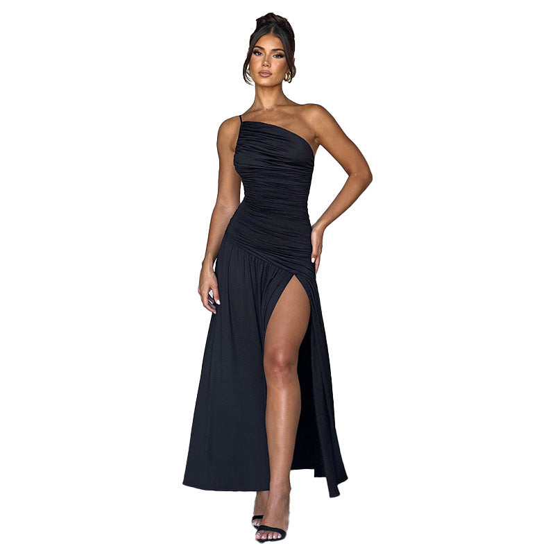 Luvéra Sling Schulter Plissee Split A-Linie Kleid