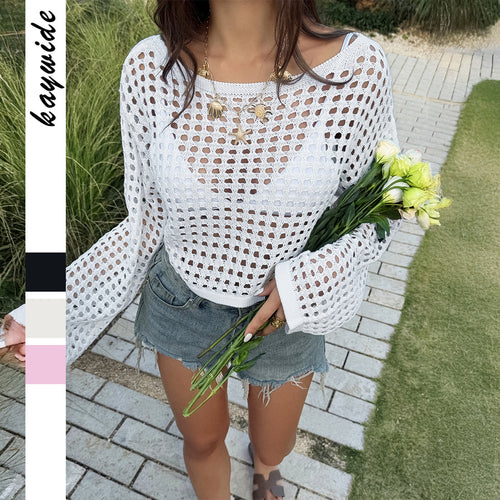 Luvéra Damen Einfarbig Casual Mode Hohl Langarm Top