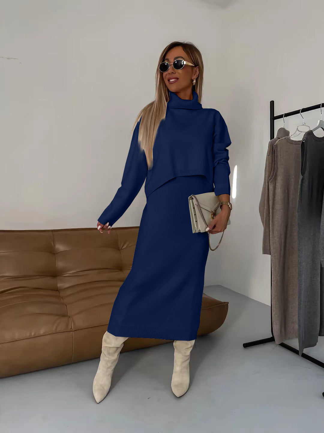 Luvéra Rollkragen Lange Einfarbige Strickkleid Pullover Zweiteiliges Set