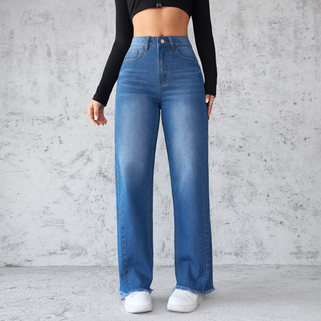 Luvéra Mode Gerade Weitbein Jeans Casual Hohe-taist Nicht-elastische Frauen Kleidung