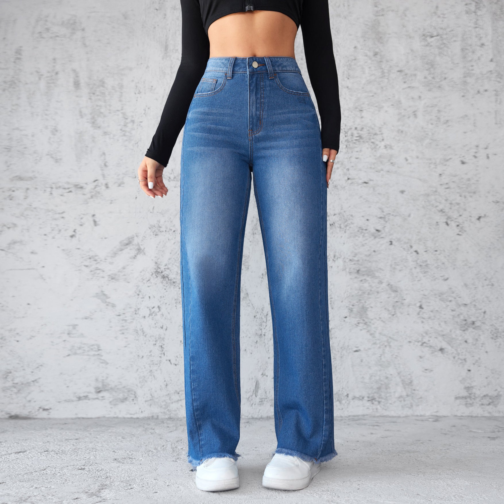 Luvéra Mode Gerade Weitbein Jeans Casual Hohe-taist Nicht-elastische Frauen Kleidung