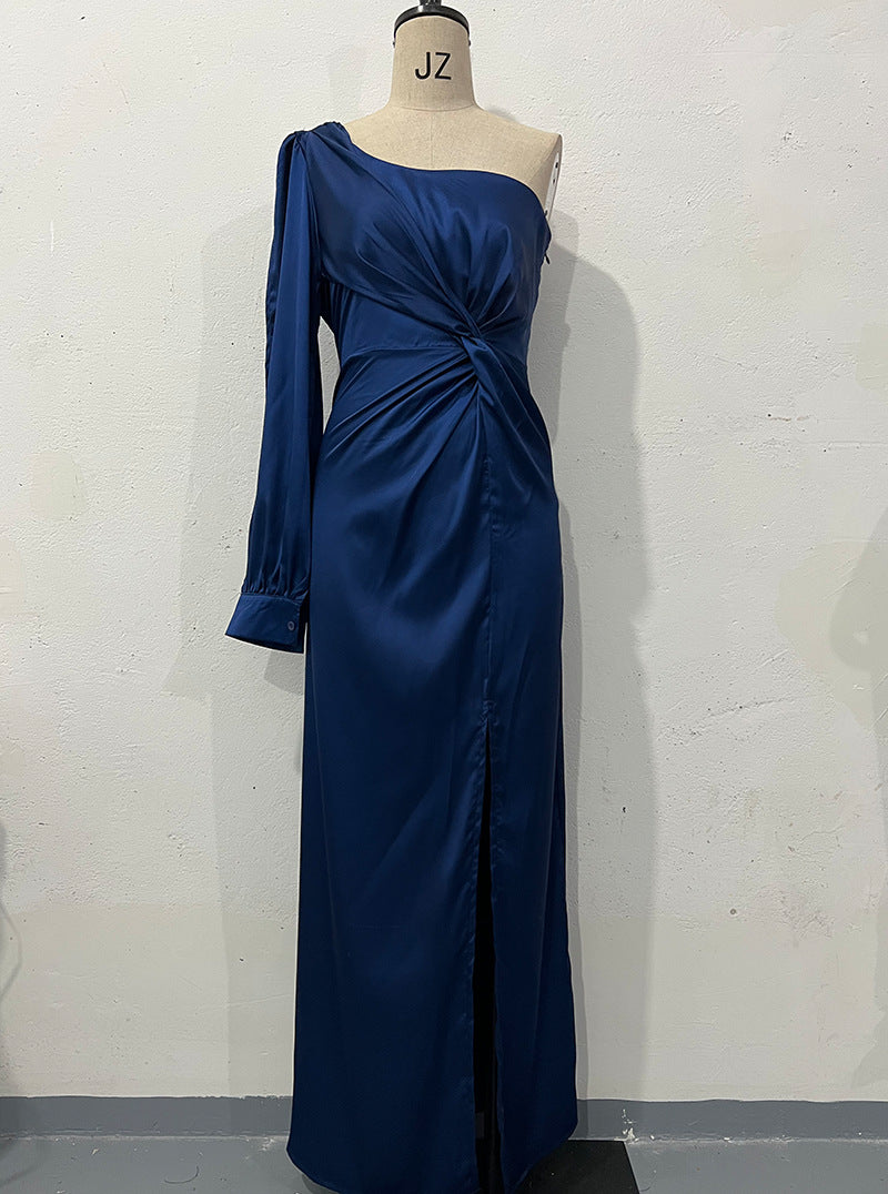 Luvéra Frauen Ein-Schulter Split Kleid Ins Mode Langarm Schlank Lange Kleider Party Abend Kleidung