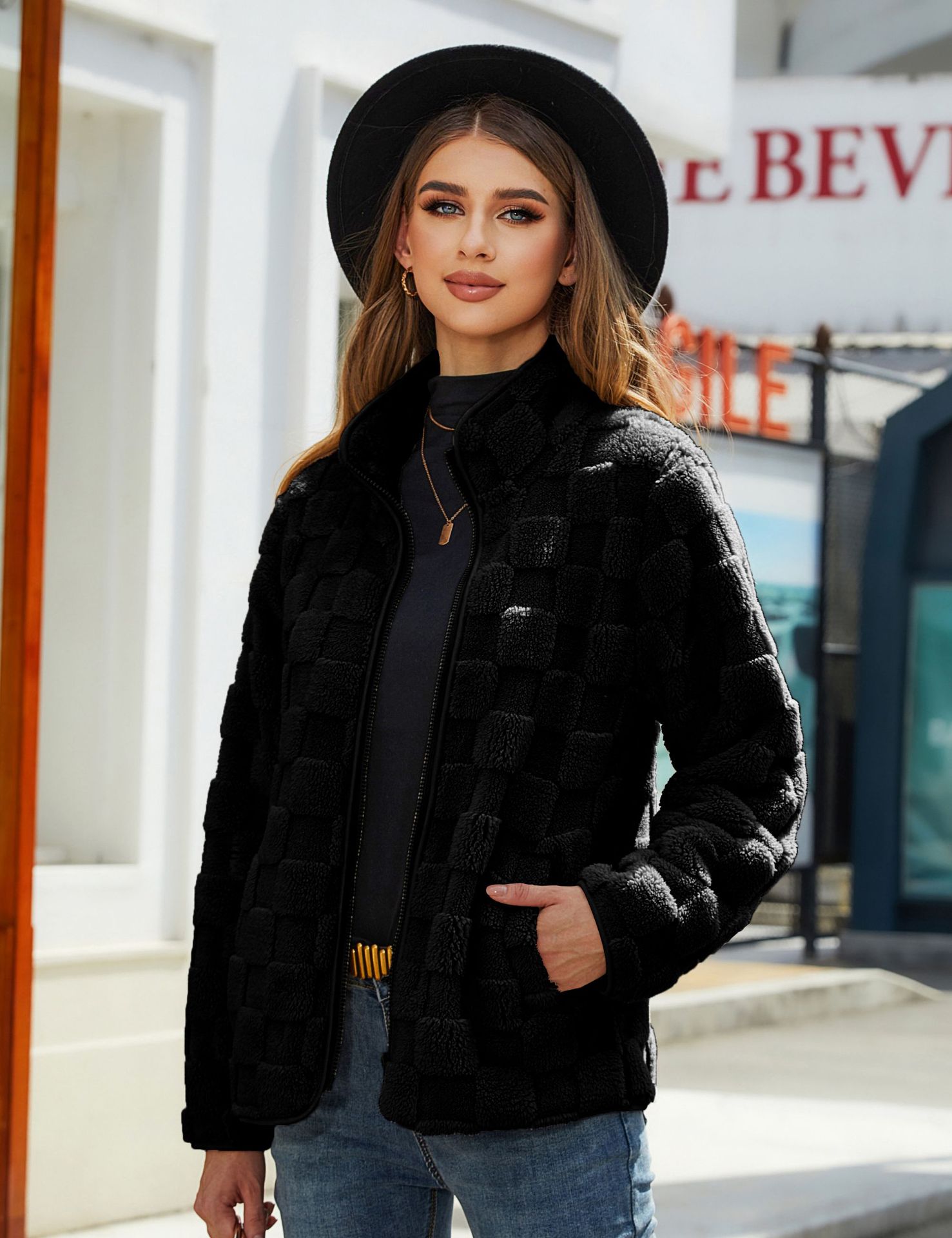 Luvéra Stand-up Kragen Plüsch Jacke Winter Langarm Lose Reißverschluss Strickjacke Mode Einfarbig Schachbrett Design Mantel Frauen Outwear