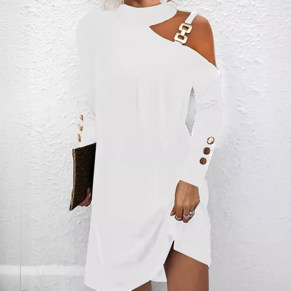 Luvéra Mode Frauen Solide Casual Kleid Weibliche Elegante Langarm Metall Schnalle Neckholder Casual Mini Kleid