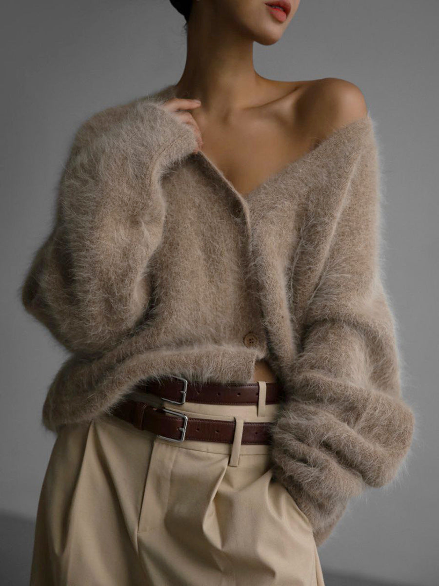 Luvéra Lose V-Ausschnitt Knopf Strickjacke Herbst Winter Mode Einreihig Gestrickt Pullover Top Damen Kleidung