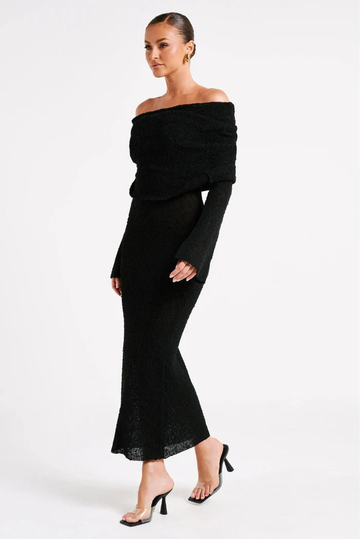 Luvéra Französisch-Stil Ein-Schulter-Strickkleid Mode Party Strand Langarm Lange Kleider Herbst Wainter Damenbekleidung