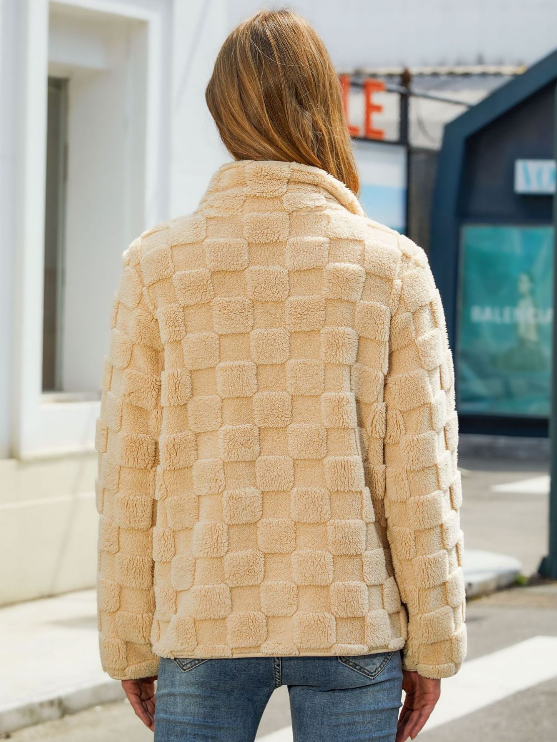 Luvéra Stand-up Kragen Plüsch Jacke Winter Langarm Lose Reißverschluss Strickjacke Mode Einfarbig Schachbrett Design Mantel Frauen Outwear