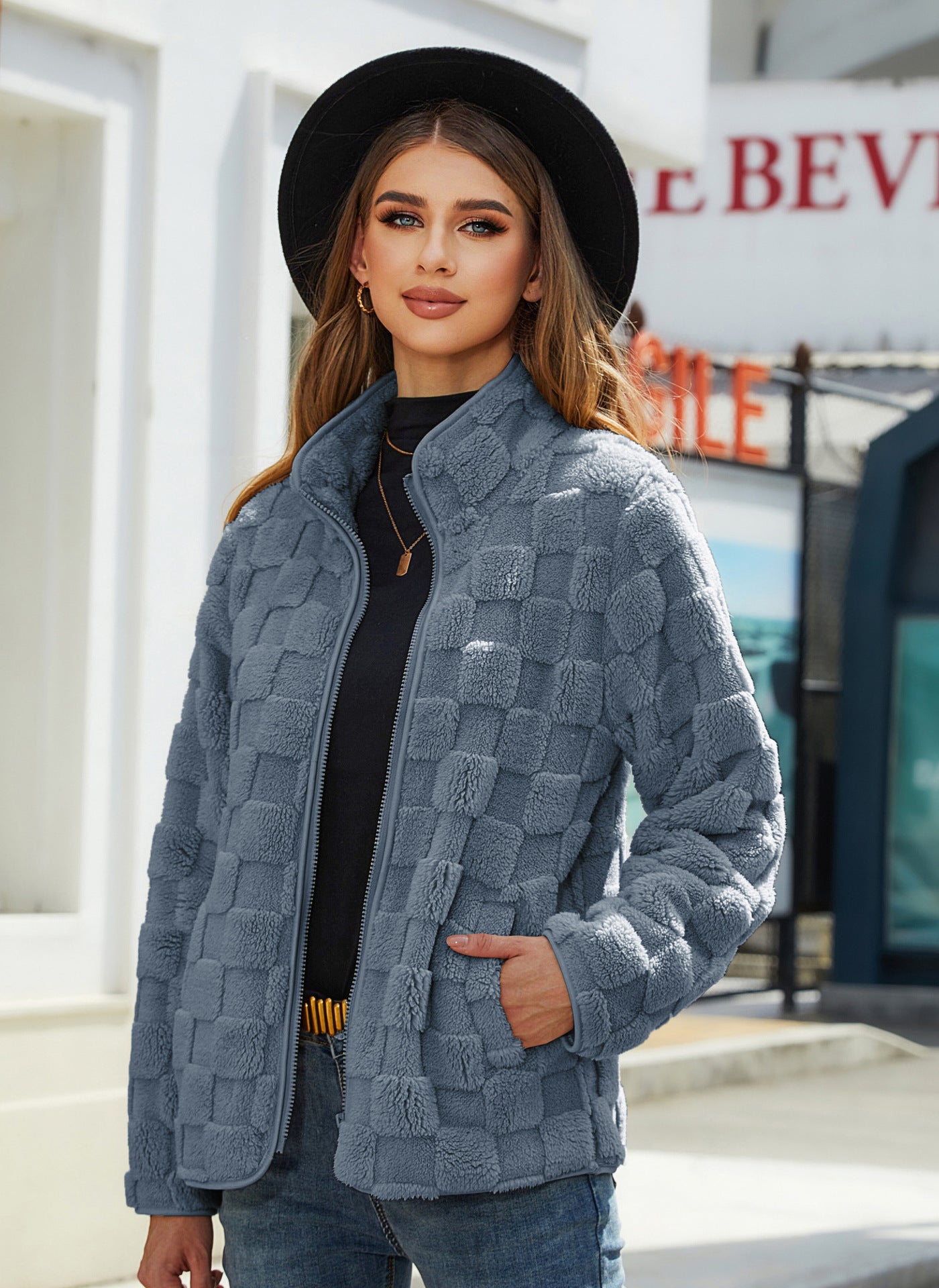 Luvéra Stand-up Kragen Plüsch Jacke Winter Langarm Lose Reißverschluss Strickjacke Mode Einfarbig Schachbrett Design Mantel Frauen Outwear