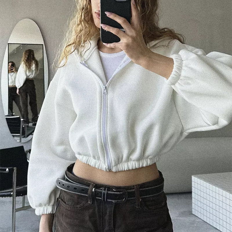 Luvéra Casual Einfarbig Mit Kapuze Kurze Jacke Y2K Mode Sport Sweatshirt Langarm Zip Up Strickjacke Hoodies frauen Kleidung