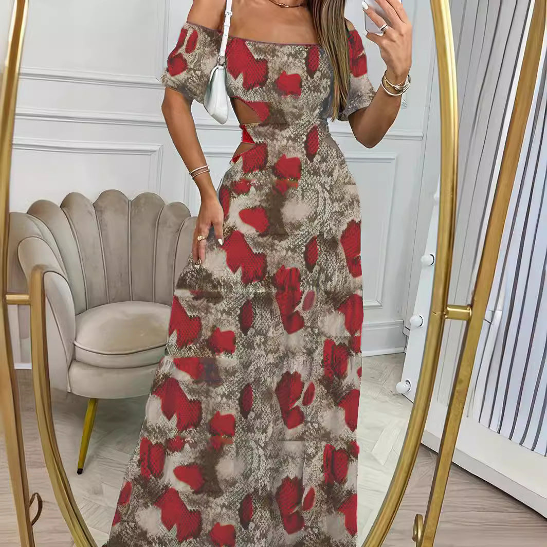 Luvéra Bedruckt Ein-Linie Kragen Kurzarm Langes Kleid Mit Hohler Taille Design Kleider Für Frauen Kleidung