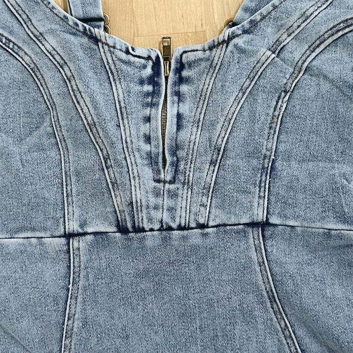 Luvéra Neue U-Ausschnitt Hosenträger Denim Kleid Sommer Casual Enge Slim Fit Kleider Mit Schlitz Design Damen Kleidung