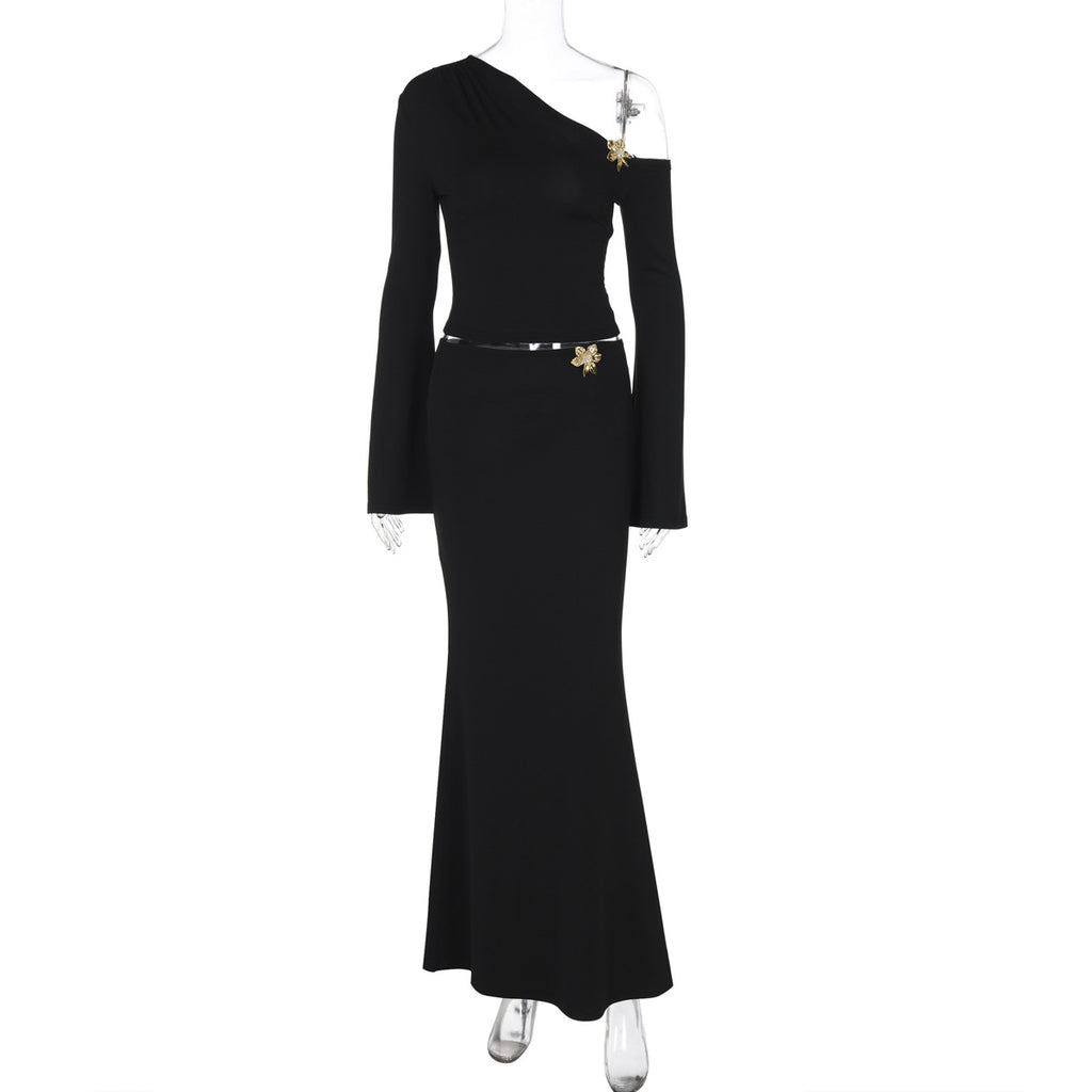 Luvéra Schlanke Schräge Schulter Rock Anzug Mit Blume Mode Glocke Ärmel Langarm Top Und Hohe Taille Lange Rock Frauen Kleidung