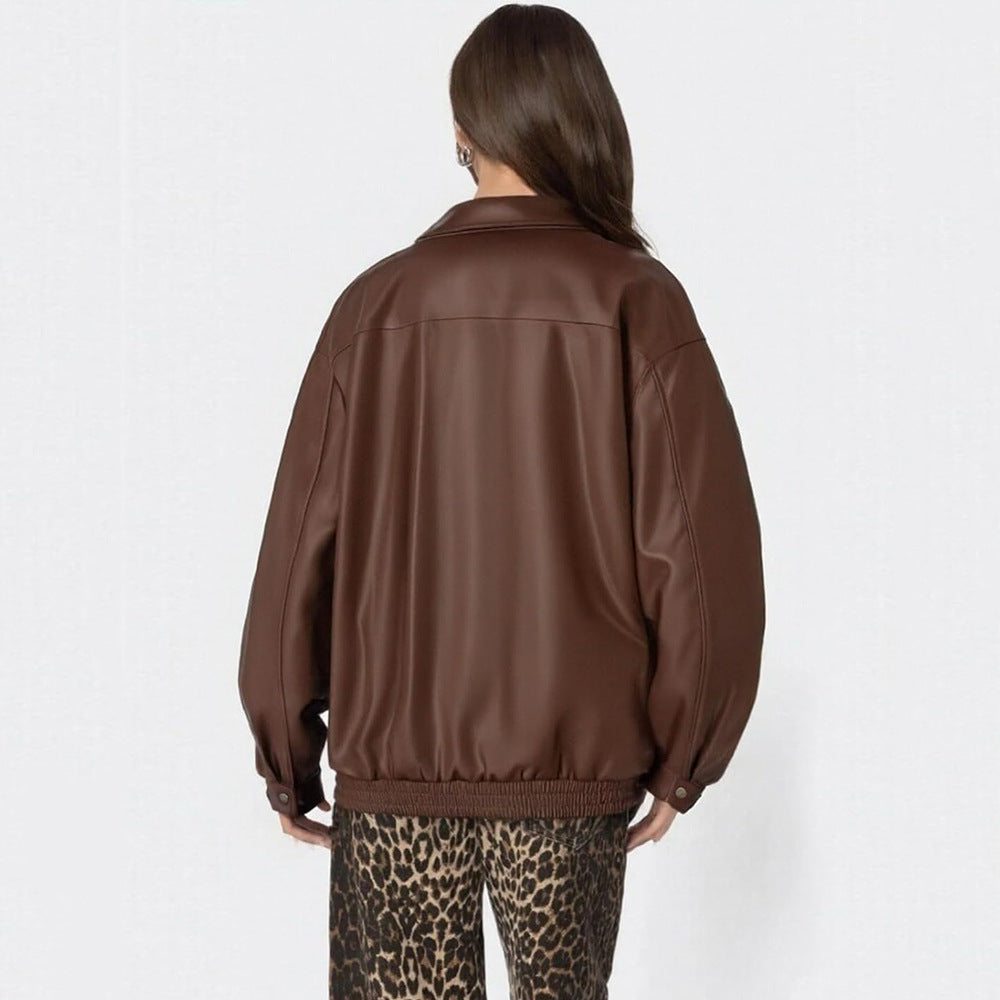 Luvéra Damen Lederjacke Lose Langarm Revers Jacke